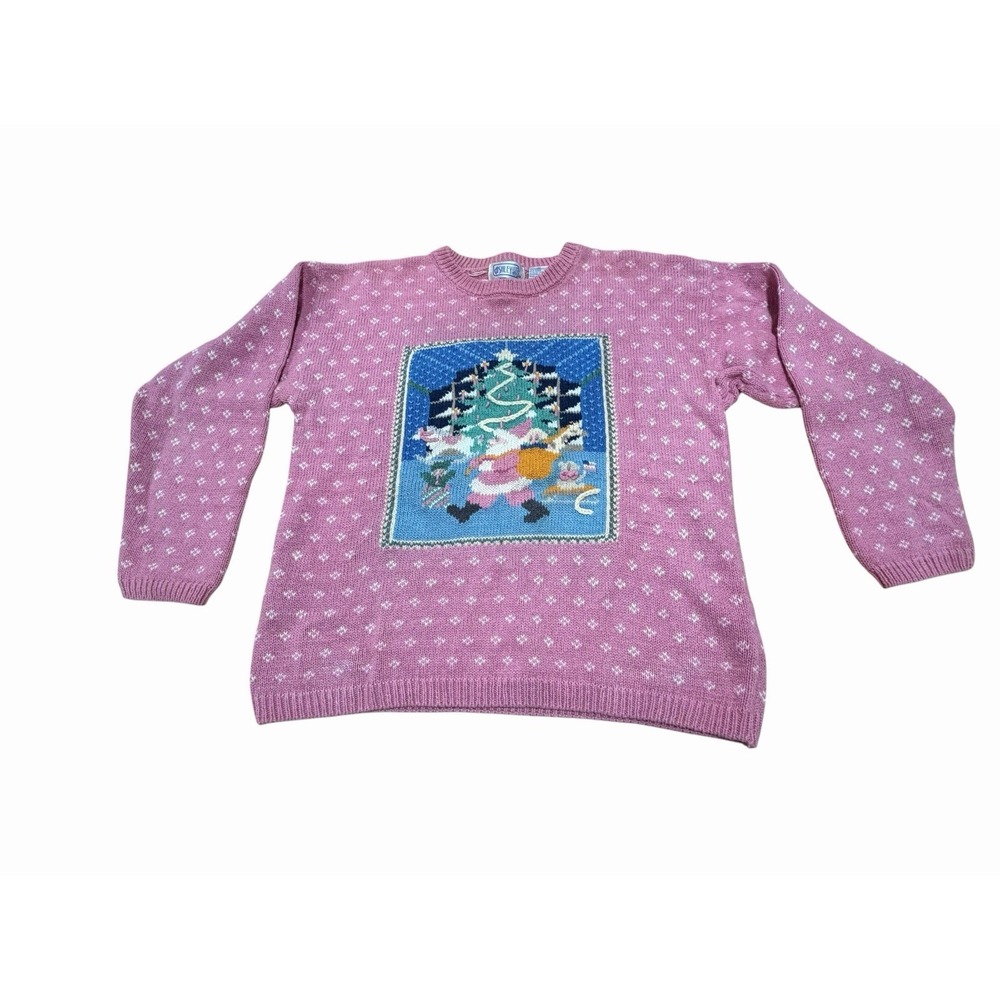80/90's Santa Christmas Sweater Pink Knit SZ Small Ashley hand embroidered